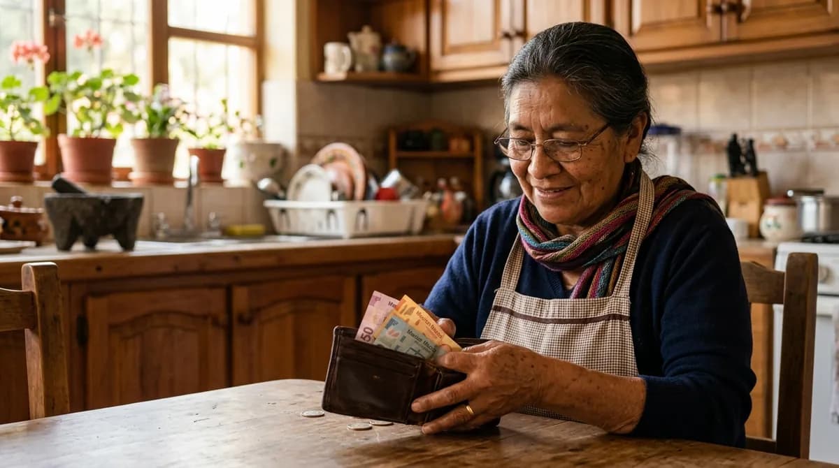 Mujer ama de casa recibiendo dinero de remesas